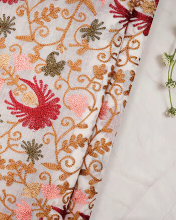 Multi Color Aari Embroidered Fine Chanderi Fabric