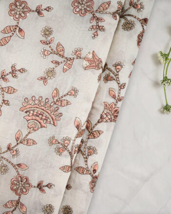 Off White Color Embroidered Pure Chanderi Fabric