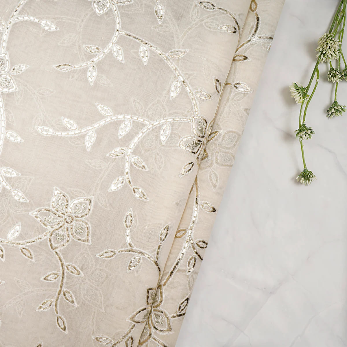 Off White Dyeable All Over Pattern Gota Patti Work Embroidered Chanderi Fabric