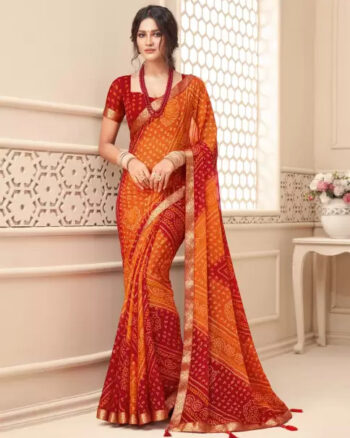 Printed, Geometric Print, Embellished Bandhani Chiffon Saree  (Red, Orange)